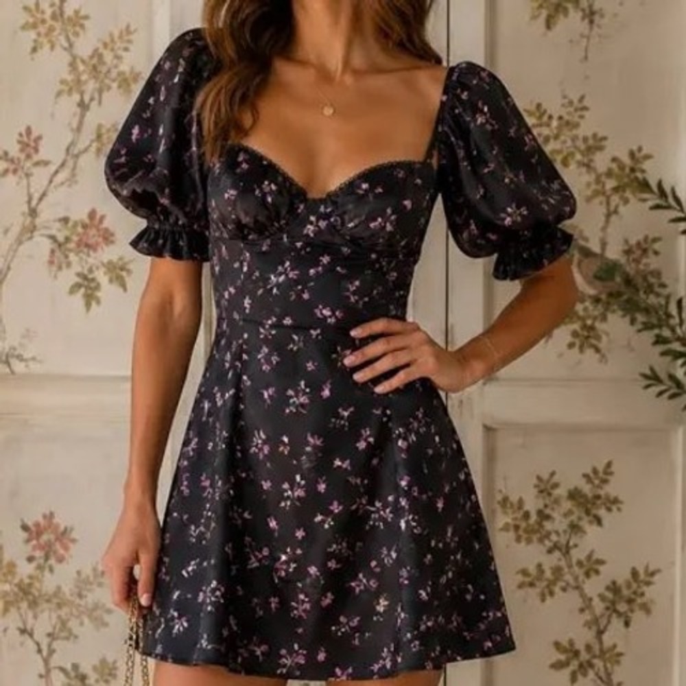 Maeve Anthropologie Floral Puff Sleeve Babydoll Blouse Black Pink Size M NEW